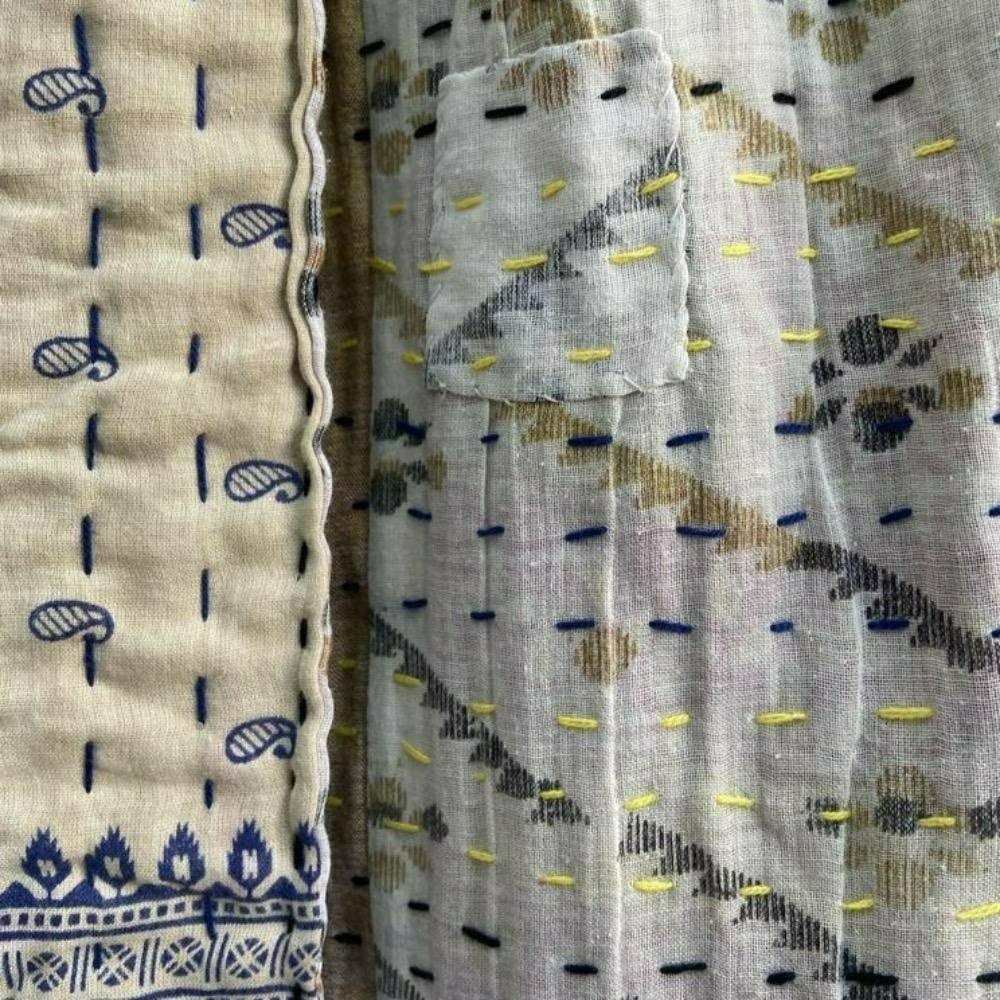 Silk Sari Throw - Beige/Blue %Recollectshop%
